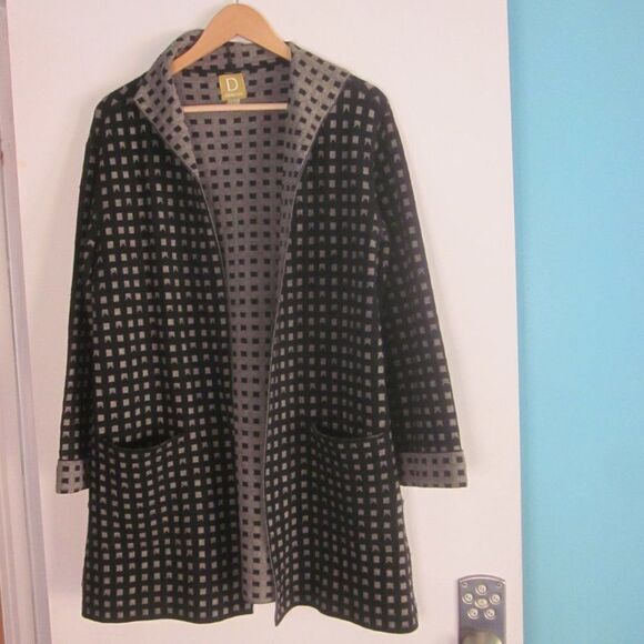 Damask Knitwear Long Black Checked Cardigan Sweater Womens Size M Cotton Knit - Picture 1 of 12